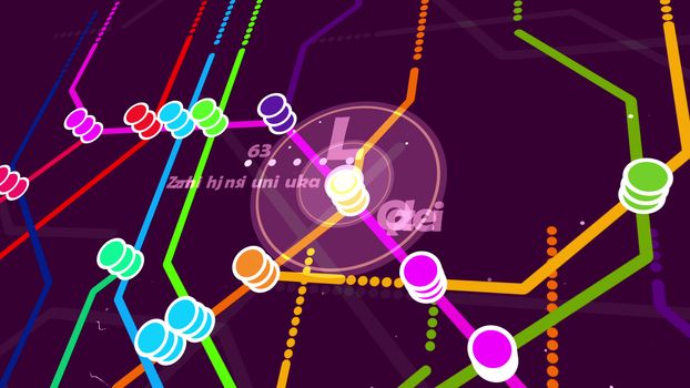 Holographic 3d rendering of a metro map. It includes a big center with a letter L, an orange, yellow, red, blue, green lines. It has piles of nodes, signs, and letters in the violet background.