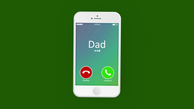 Warm-hearted 3d rendering of an abstract phone calling, where the cell phone has Dad inscription. Besides, it has disable, and respond signs, located in the light green background.