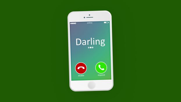 Hearty 3d rendering of an abstract phone calling, where the cell phone has Darling in the light green background. It says that some sweetheart calls to his or her honey.