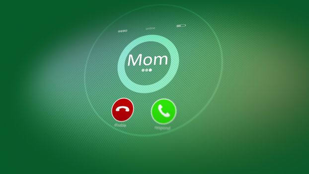 Hearty 3d rendering of an abstract phone calling, where the Mom inscription is seen. Also there are disable, and respond signs, put in the light green background. Mother is calling!