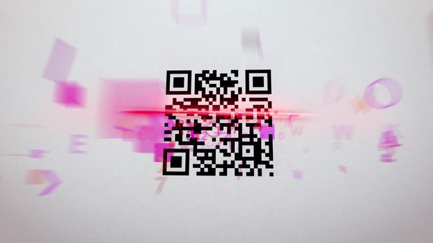 Fuzzy 3d illustration of an abstract QR code scanning procedure with rushing symbols, numbers, figures of a pink color. The black and white code is covered with a red laser line