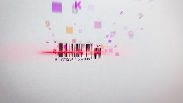 Impressive 3d illustration of an abstract Barcode scanning procedure with flying symbols, numbers, figures of yellow, red and pink colors. The black and white code is covered with a red laser line