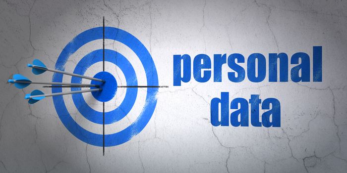 Success Data concept: arrows hitting the center of target, Blue Personal Data on wall background, 3D rendering