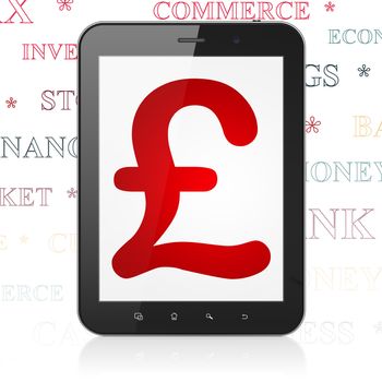 Money concept: Tablet Computer with  red Pound icon on display,  Tag Cloud background, 3D rendering