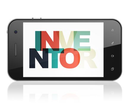 Science concept: Smartphone with Painted multicolor text Inventor on display, 3D rendering