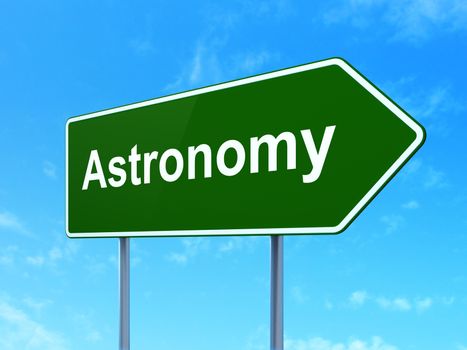 Science concept: Astronomy on green road highway sign, clear blue sky background, 3D rendering