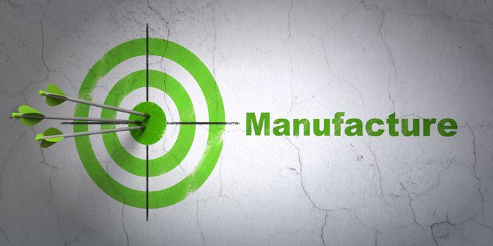 Success Industry concept: arrows hitting the center of target, Green Manufacture on wall background, 3D rendering