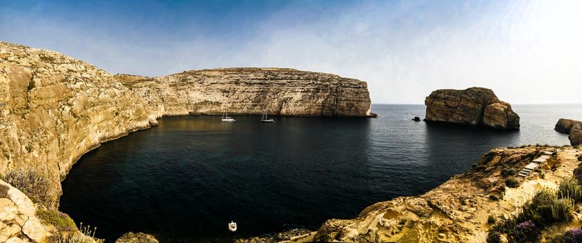 Panorama view to Dwejra bay and Mushroom aka Fungus rock, Gozo, Malta