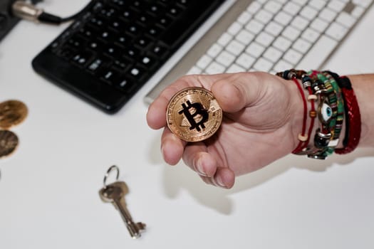 Digital currency physical metal bitcoin coin. Cryptocurrency coins concept.