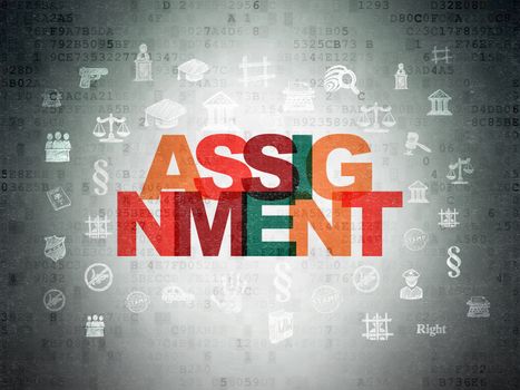 Law concept: Painted multicolor text Assignment on Digital Data Paper background with  Hand Drawn Law Icons