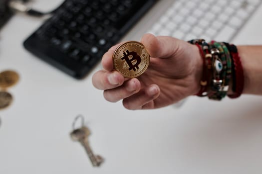 Digital currency physical metal bitcoin coin. Cryptocurrency coins concept.