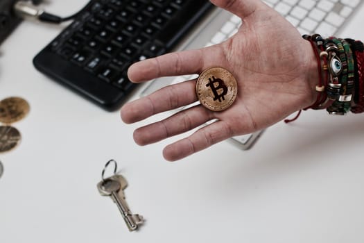 Digital currency physical metal bitcoin coin. Cryptocurrency coins concept.
