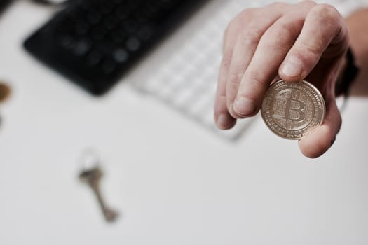 Digital currency physical metal bitcoin coin. Cryptocurrency coins concept.