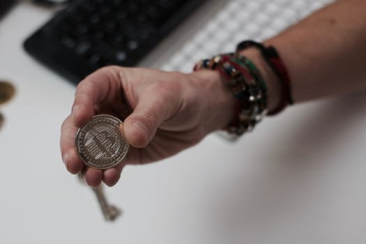 Digital currency physical metal bitcoin coin. Cryptocurrency coins concept.