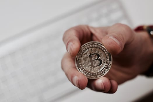 Digital currency physical metal bitcoin coin. Cryptocurrency coins concept.