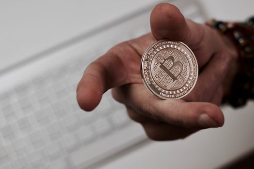 Digital currency physical metal bitcoin coin. Cryptocurrency coins concept.