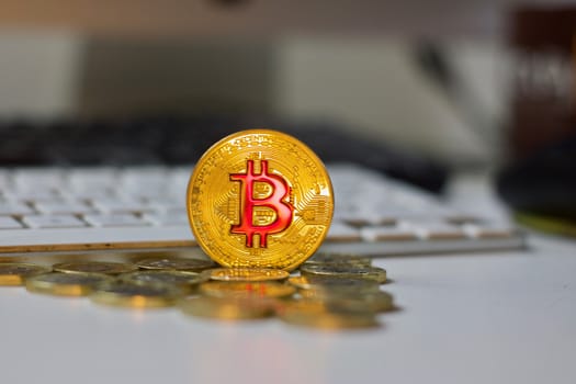 Digital currency physical metal bitcoin coin. Cryptocurrency coins concept.
