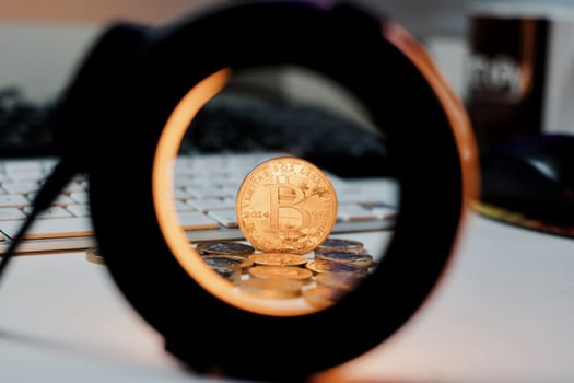 Digital currency physical metal bitcoin coin. Cryptocurrency coins concept.