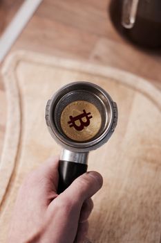 Digital currency physical metal bitcoin coin. Cryptocurrency coins concept.
