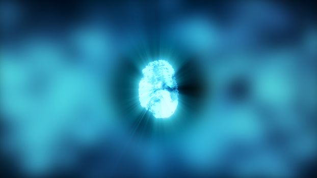Abstract background with fingerprint. Digital illustration on blue bokeh backdrop. 3d rendering