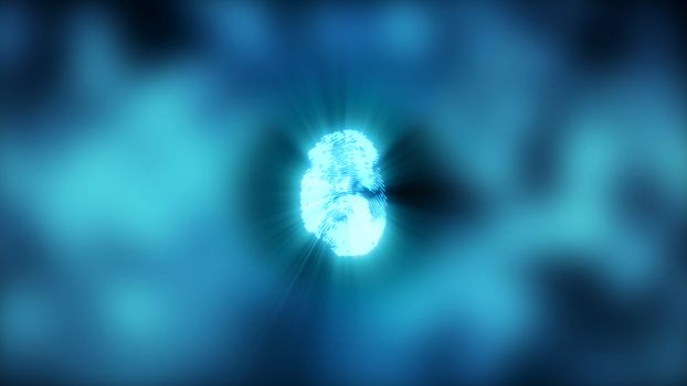 Abstract background with fingerprint. Digital illustration on blue bokeh backdrop. 3d rendering