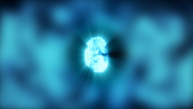 Abstract background with fingerprint. Digital illustration on blue bokeh backdrop. 3d rendering