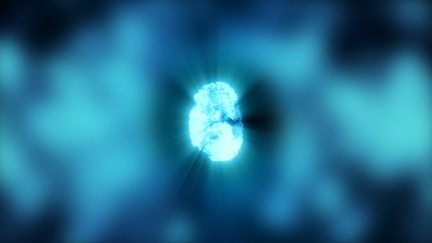 Abstract background with fingerprint. Digital illustration on blue bokeh backdrop. 3d rendering
