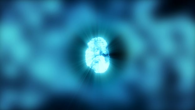 Abstract background with fingerprint. Digital illustration on blue bokeh backdrop. 3d rendering