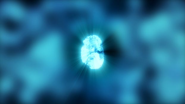 Abstract background with fingerprint. Digital illustration on blue bokeh backdrop. 3d rendering