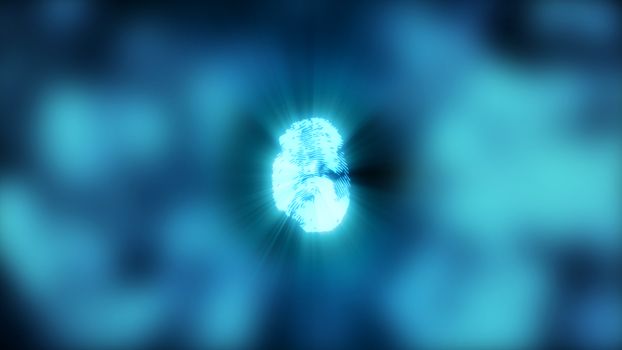 Abstract background with fingerprint. Digital illustration on blue bokeh backdrop. 3d rendering