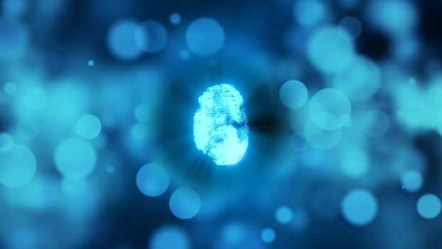 Abstract background with fingerprint. Digital illustration on blue bokeh backdrop. 3d rendering