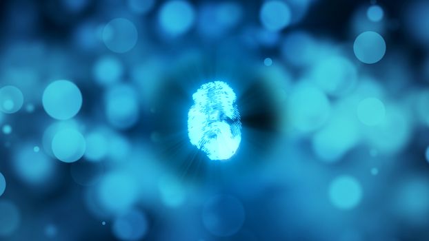 Abstract background with fingerprint. Digital illustration on blue bokeh backdrop. 3d rendering