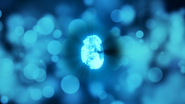 Abstract background with fingerprint. Digital illustration on blue bokeh backdrop. 3d rendering