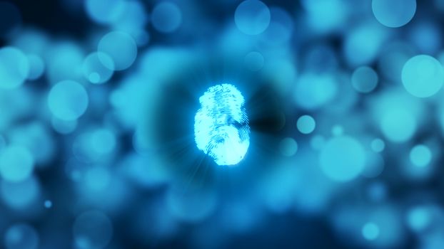 Abstract background with fingerprint. Digital illustration on blue bokeh backdrop. 3d rendering