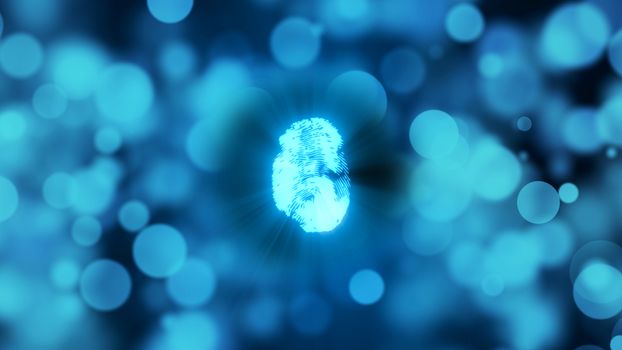 Abstract background with fingerprint. Digital illustration on blue bokeh backdrop. 3d rendering