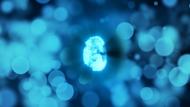 Abstract background with fingerprint. Digital illustration on blue bokeh backdrop. 3d rendering