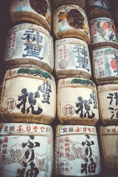 Traditional Kazaridaru barrels in Heian Jingu Shrine, Kyoto, Japan
