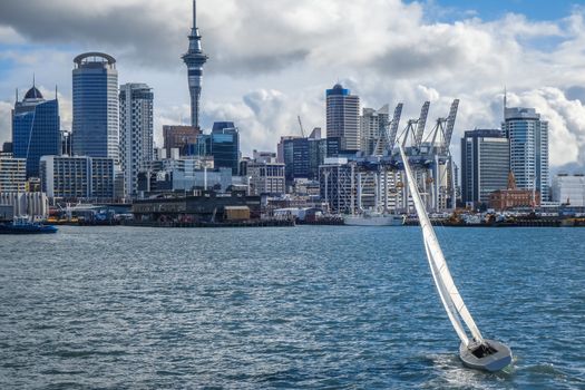 Auckland city center view from the sea and sailing ship, New Zealand