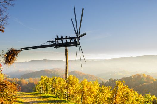Traditional slovene scarecrow erected in vineyards in autumn