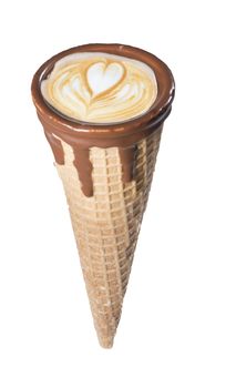 Coffee in waffle cone dipped in chocolate with drawings in capuccino / latte milk foam, latte art, isolated
