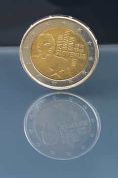 Commemorative 2 EUR coin issued to celebrate the 100th anniversary of the birth of national hero Franc Rozman Stane, Slovenia