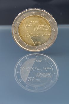 Commemorative 2 EUR coin issued to celebrate the 25th anniversary celebrating 25 years of Slovenia's independence