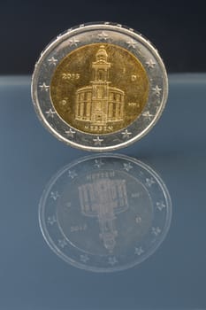 2 euro coin money (EUR), currency of European Union, Germany, commemorative coin showing historical architecture of Hessen, Germany