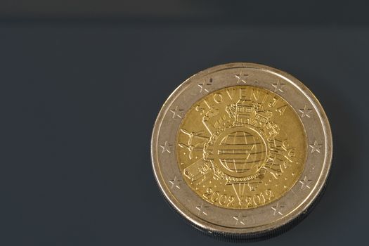 Commemorative 2 EUR coin issued to celebrate the 10th anniversary of Euro as currency, coin issued by Slovenia