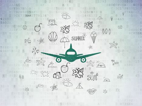 Tourism concept: Painted green Aircraft icon on Digital Data Paper background with  Hand Drawn Vacation Icons