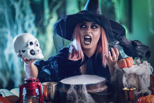 Witch with angry face in creepy surroundings sends messages to dead.