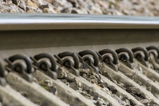 Detailed close up photo of a railroad track