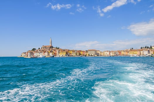 Rovinj, Croatia - April 29, 2017: unique view on the medieval tovn of Rovinj as seen from the sea