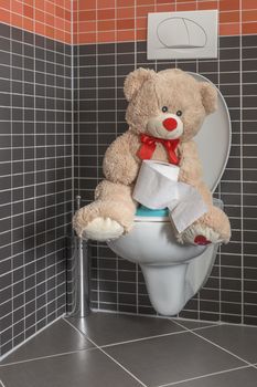 Toy teddy bear sitting on WC toilet bowl in bathroom, holding a roll of toilet paper, family care, early childhood, early childhood, potty toilet training - teaching