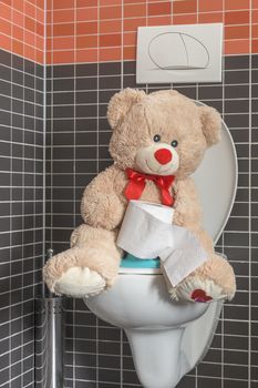 Toy teddy bear sitting on WC toilet bowl in bathroom, holding a roll of toilet paper, family care, early childhood, early childhood, potty toilet training - teaching